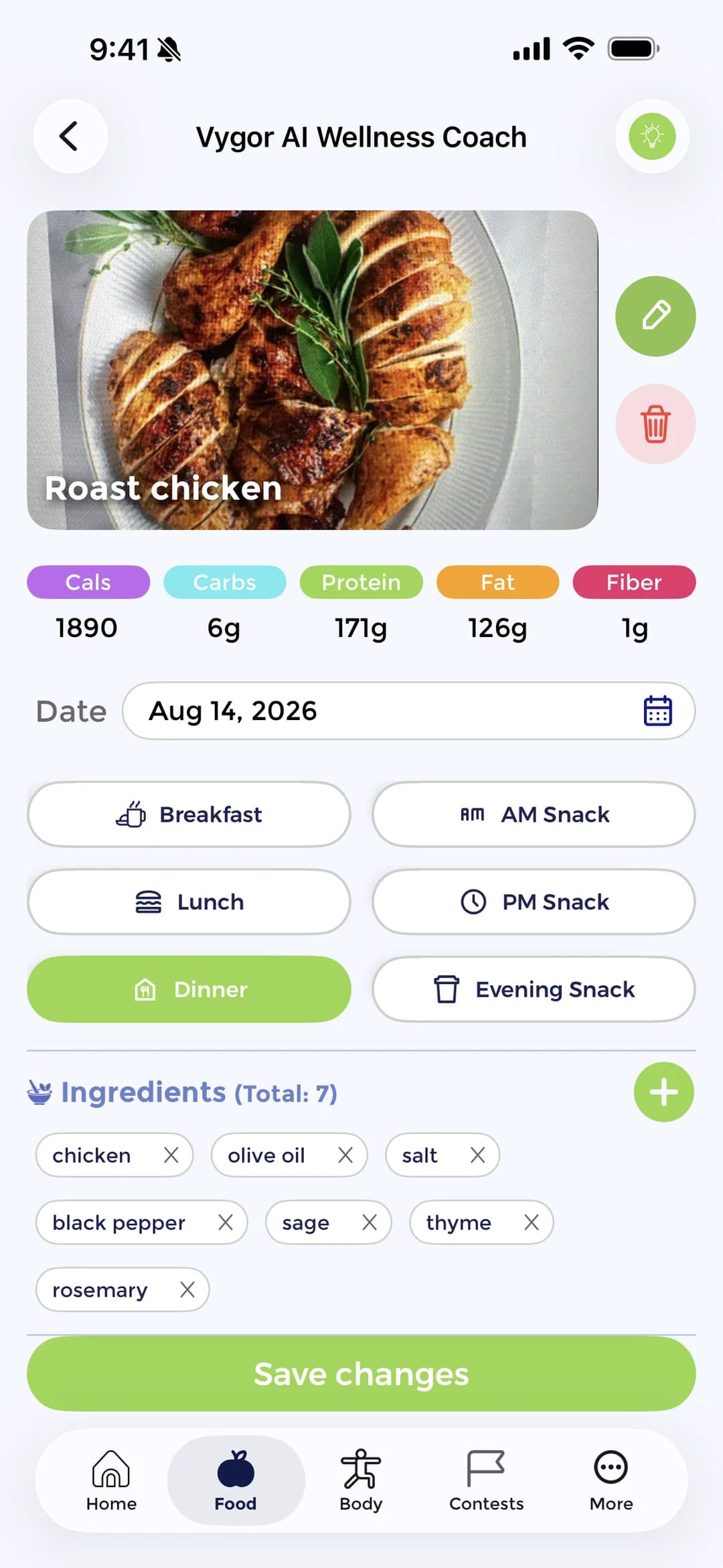 The Vygor AI wellness coach reviewing a logged roast chicken meal, with its calories, macros and editable ingredient list.
