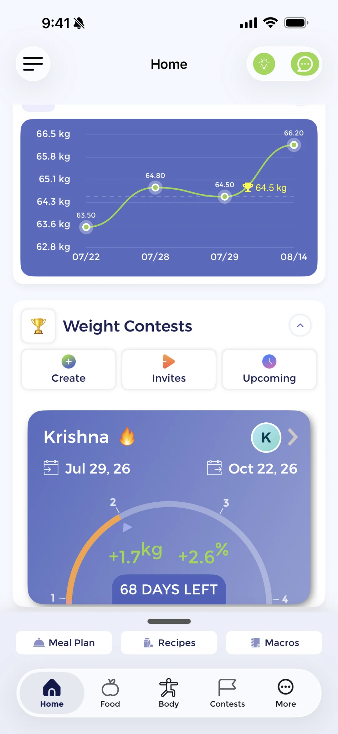 The Vygor home screen showing a weight trend chart above a live weight contest with its progress gauge and days remaining.