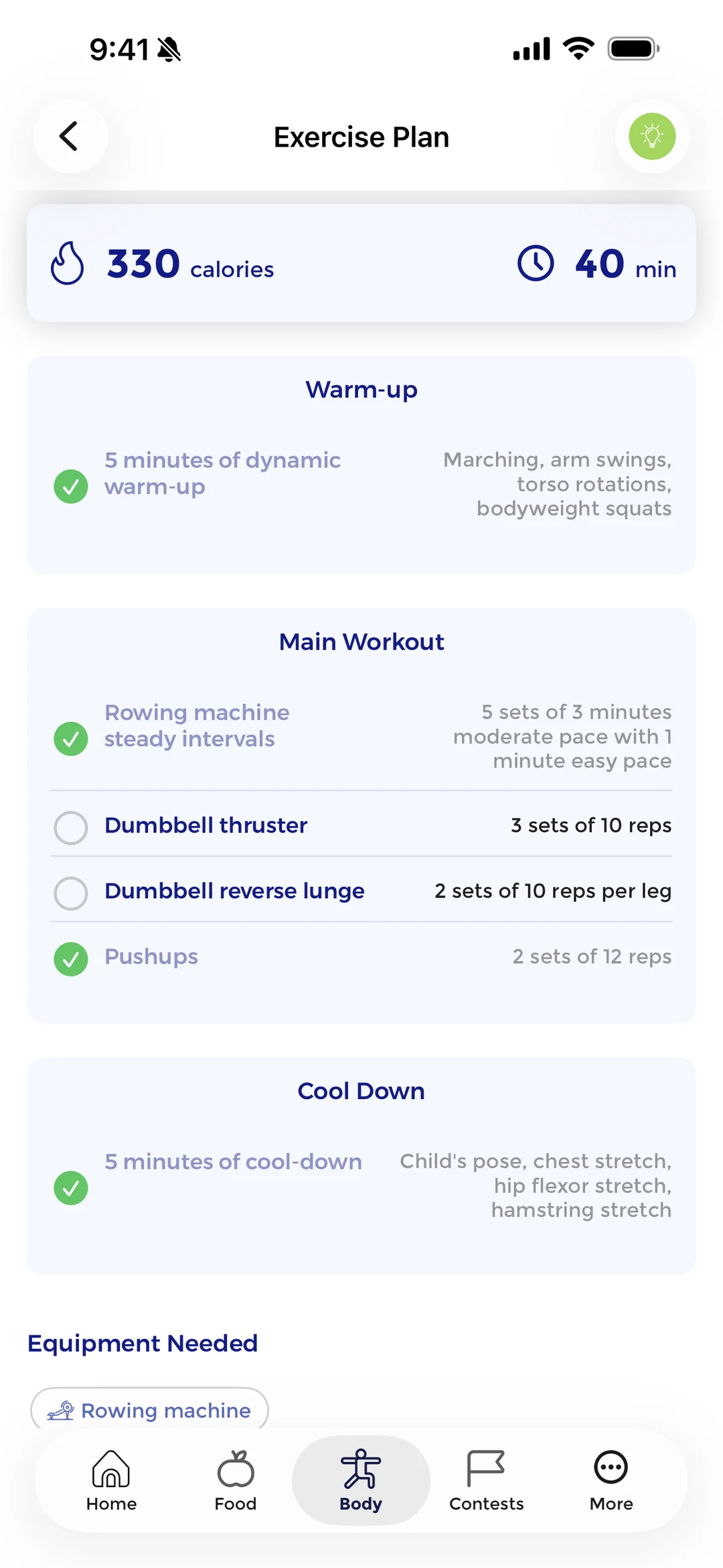 A Vygor exercise plan listing a warm-up, main workout with sets and reps, and a cool-down, with the equipment needed.