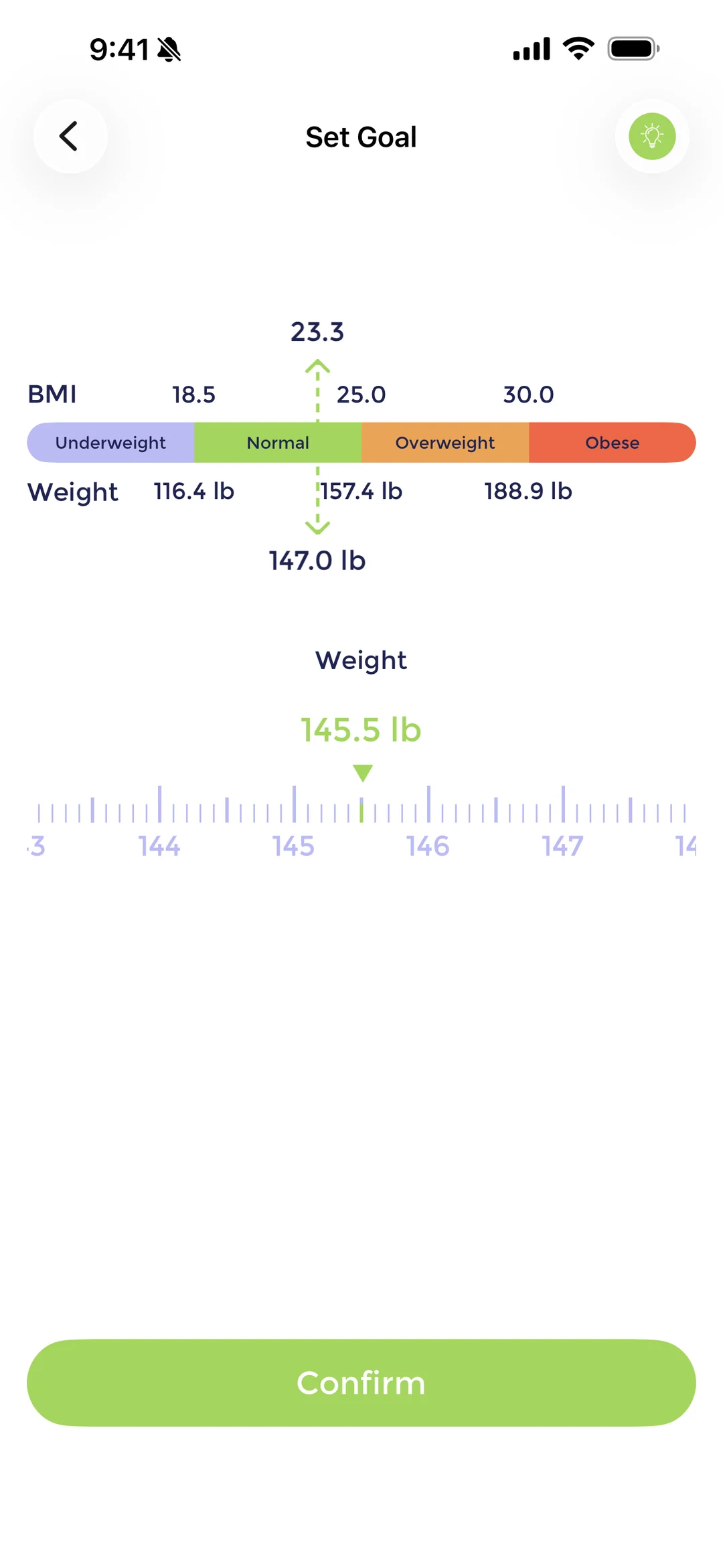 The Vygor goal screen, with a BMI scale from underweight to obese, the current weight of 147.0 lb and a target weight of 145.5 lb ready to confirm.