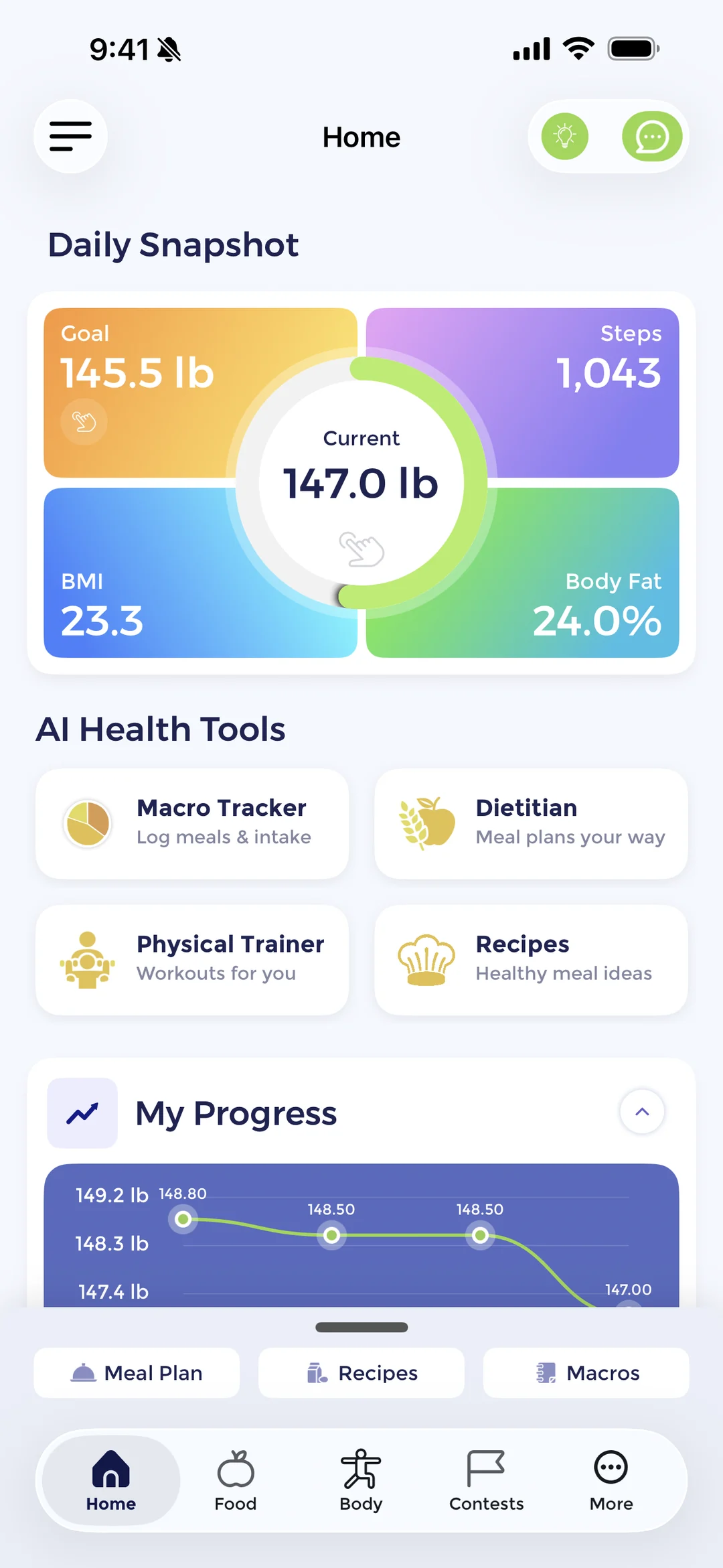 The Vygor home screen showing a daily snapshot of current weight, goal, BMI, steps and body fat above shortcuts to the macro tracker, dietitian, trainer and recipes.