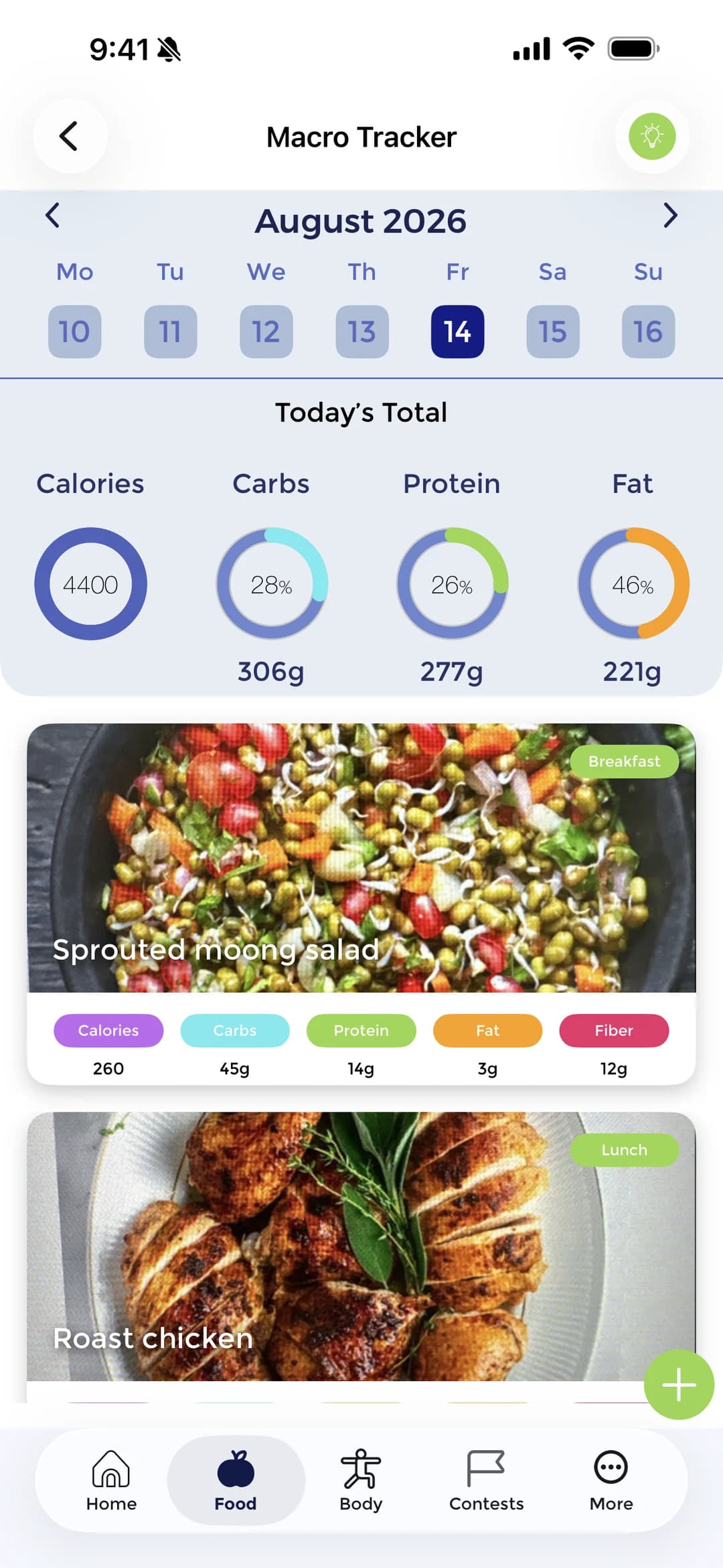 A day in the Vygor macro tracker, with a calendar strip above the calorie, carb, protein and fat totals for the day and the meals logged against them.